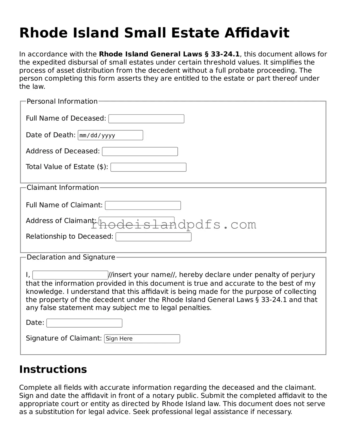 Blank Rhode Island Small Estate Affidavit Template