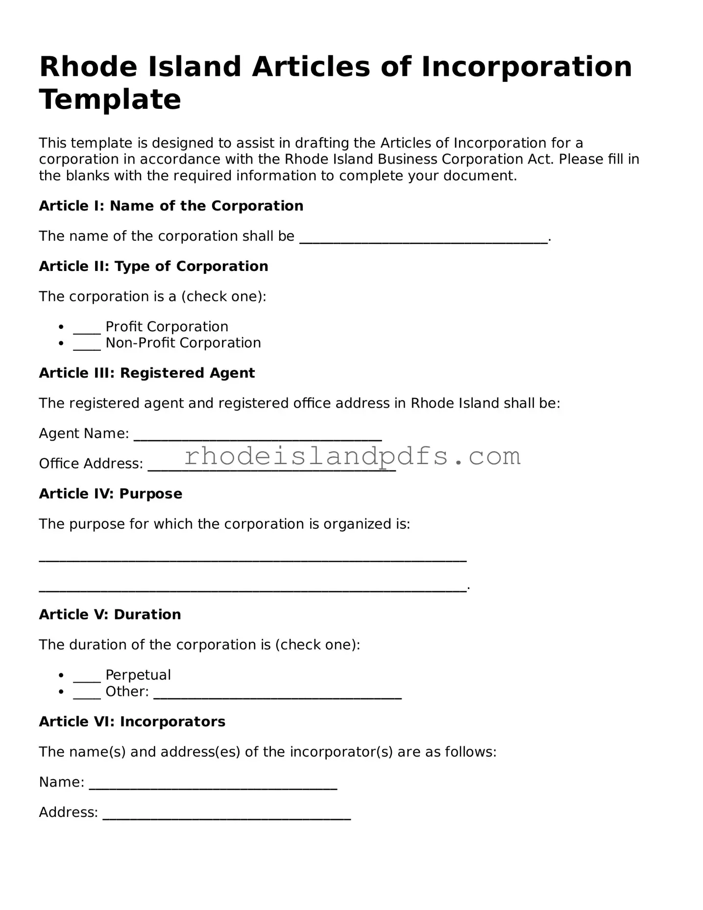 Blank Rhode Island Articles of Incorporation Template