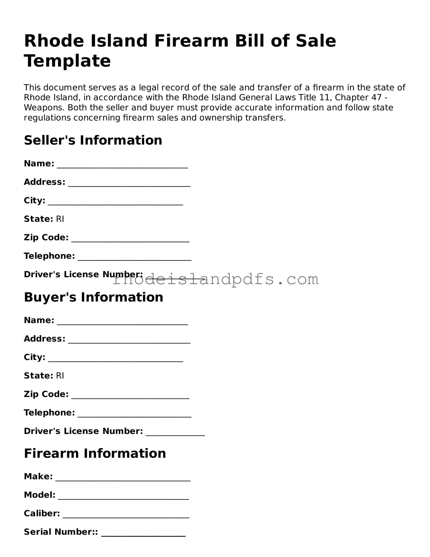 Blank Rhode Island Firearm Bill of Sale Template