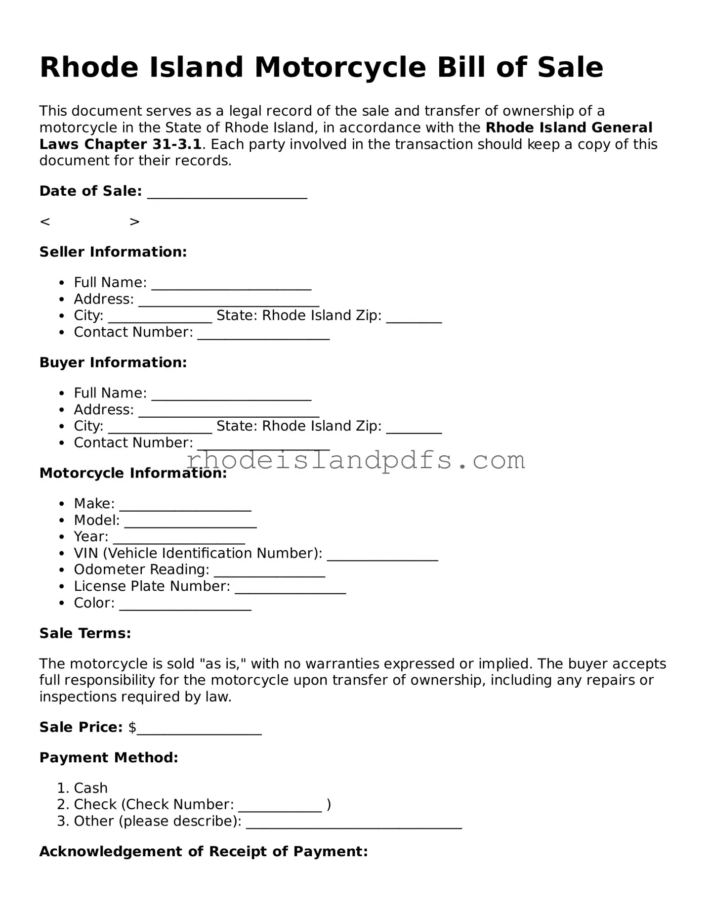 Blank Rhode Island Motorcycle Bill of Sale Template