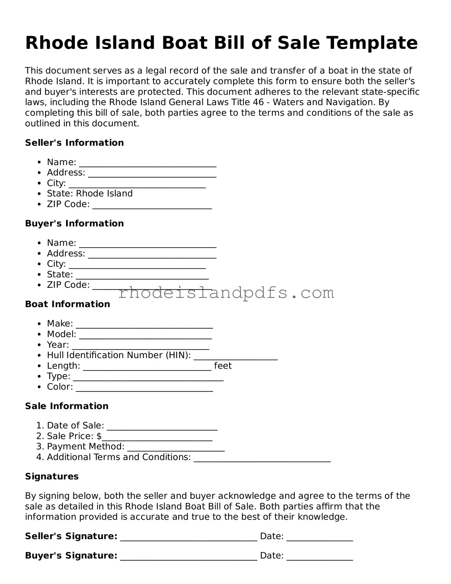 Blank Rhode Island Boat Bill of Sale Template