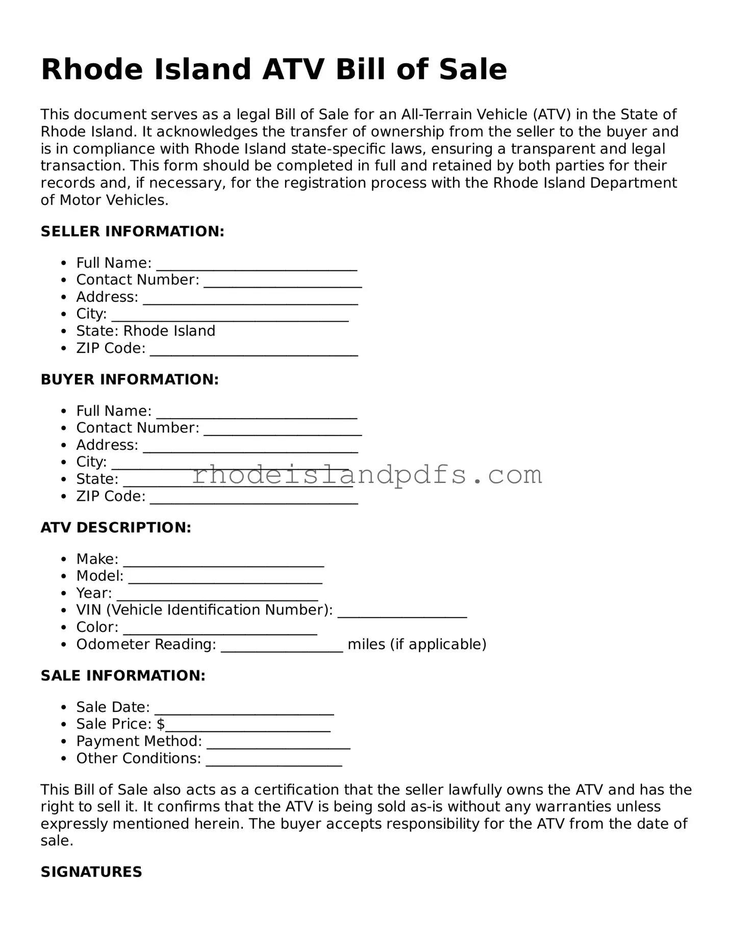 Blank Rhode Island ATV Bill of Sale Template