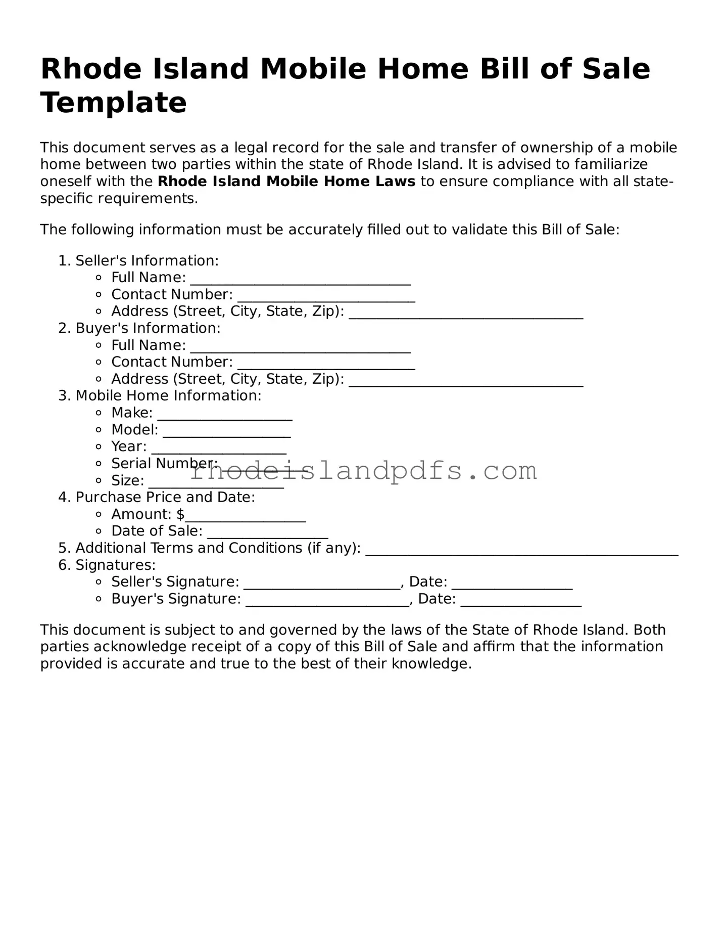 Blank Rhode Island Mobile Home Bill of Sale Template
