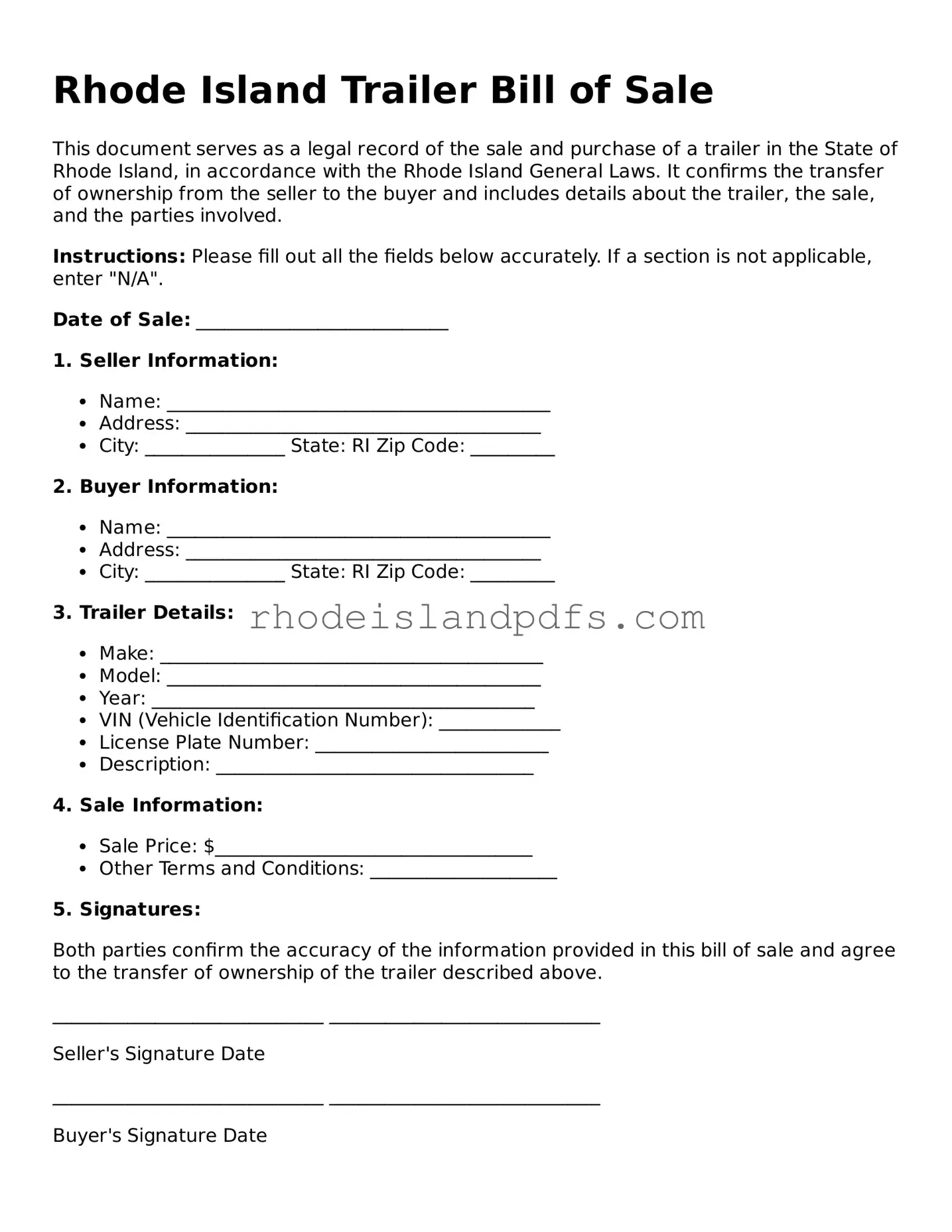 Blank Rhode Island Trailer Bill of Sale Template
