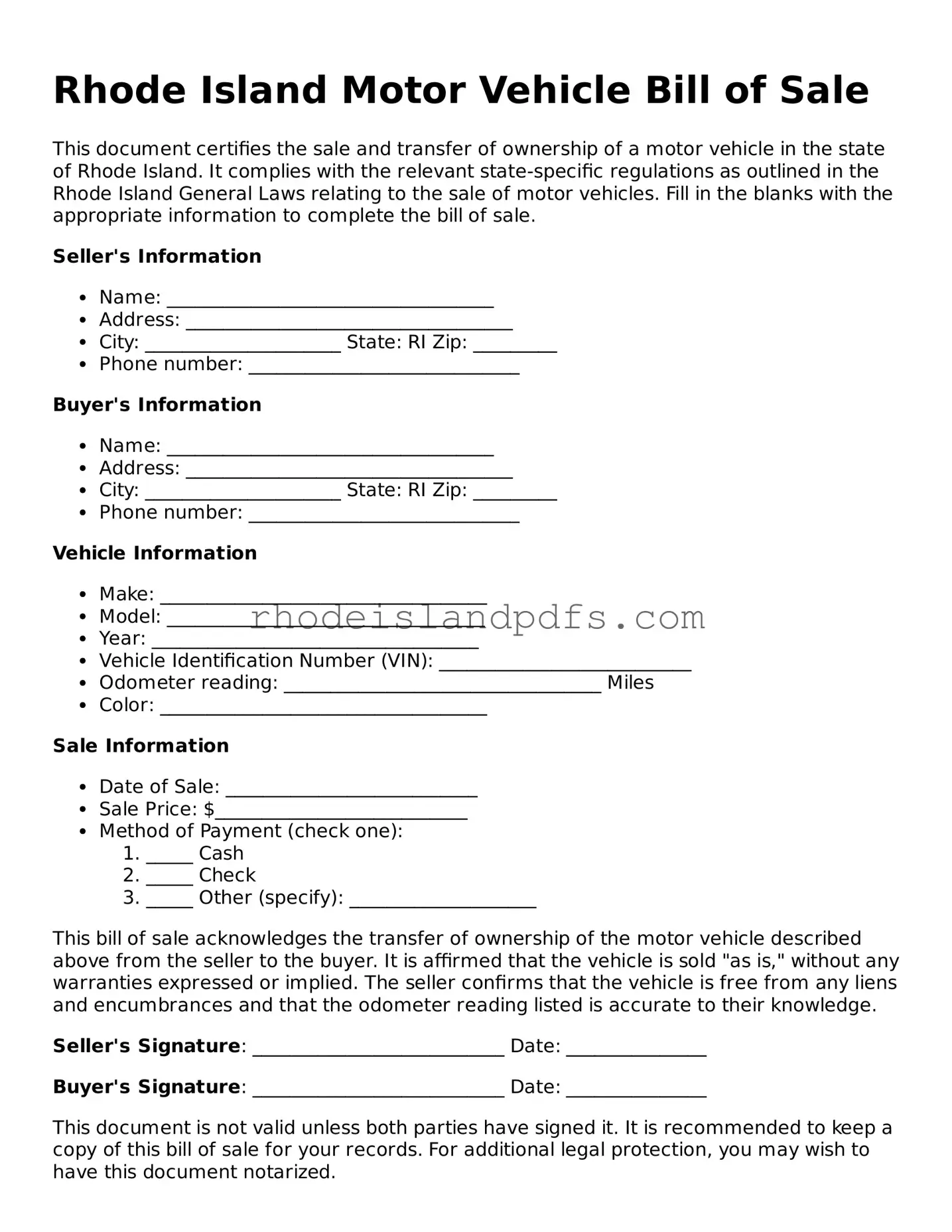 Blank Rhode Island Motor Vehicle Bill of Sale Template