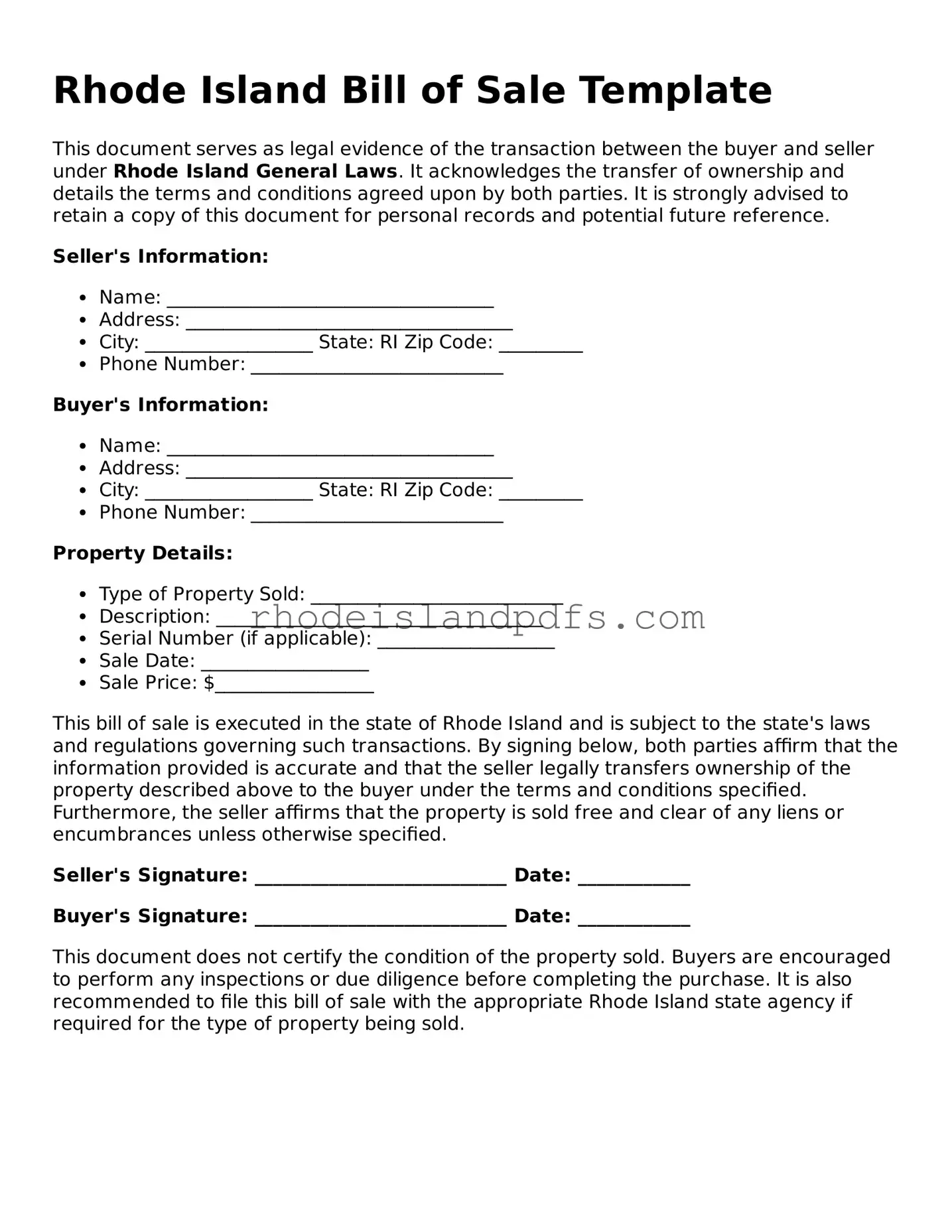 Blank Rhode Island Bill of Sale Template