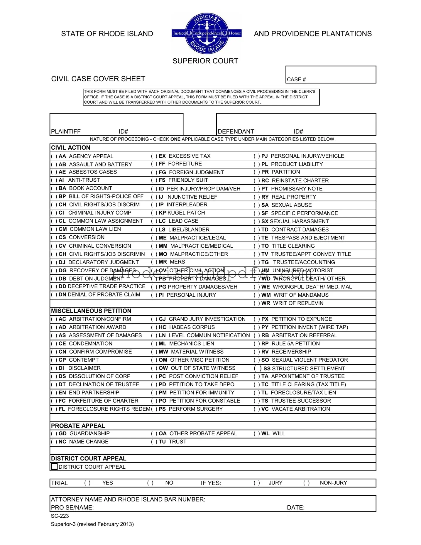 Fill in a Valid Rhode Island Civil Case Cover Sheet Form