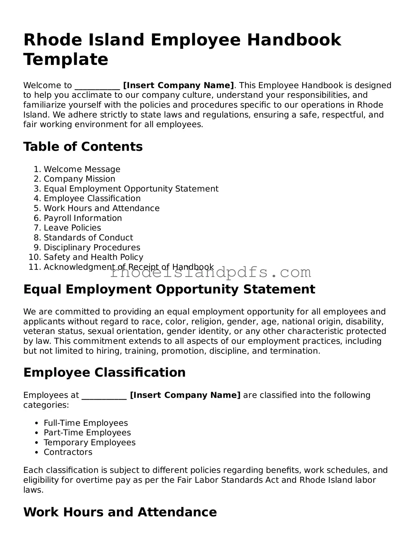 Blank Rhode Island Employee Handbook Template