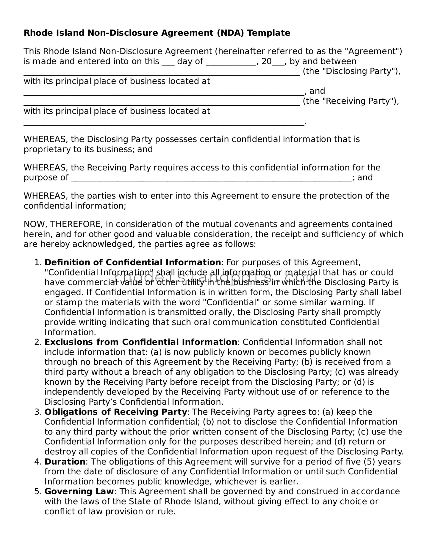 Blank Rhode Island Non-disclosure Agreement Template
