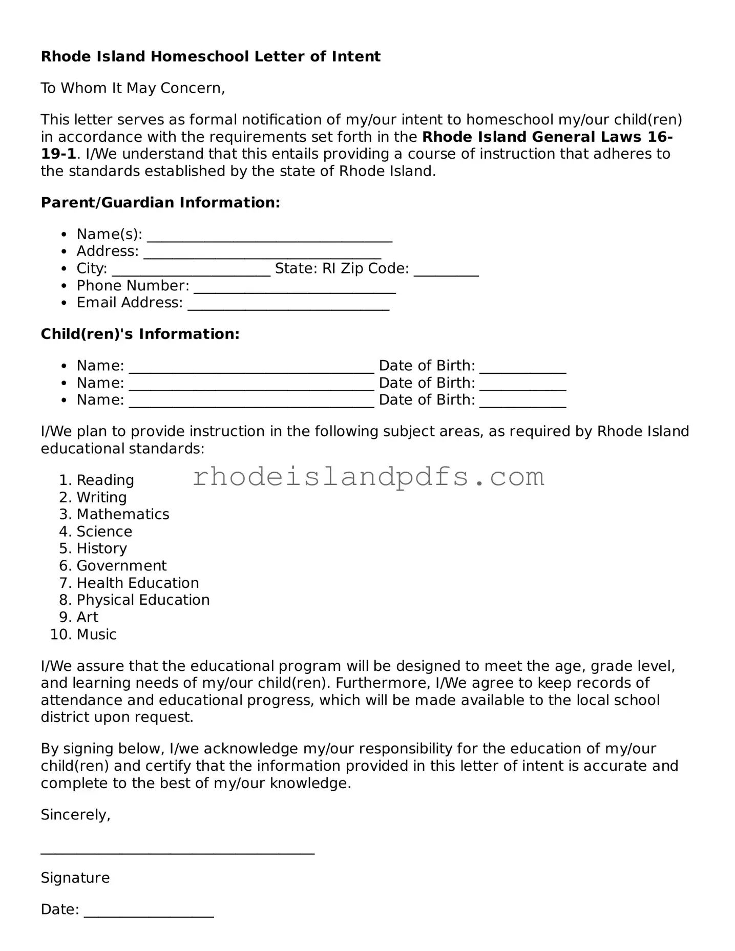 Blank Rhode Island Homeschool Letter of Intent Template