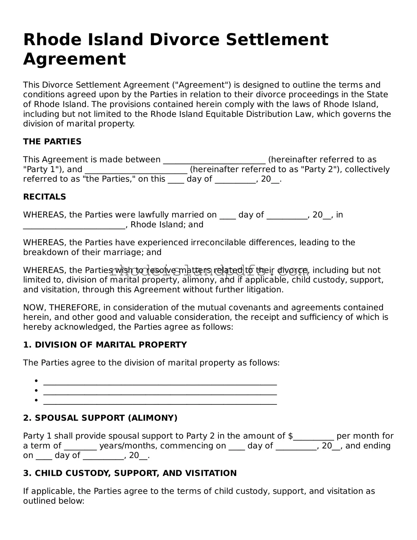 Blank Rhode Island Divorce Settlement Agreement Template