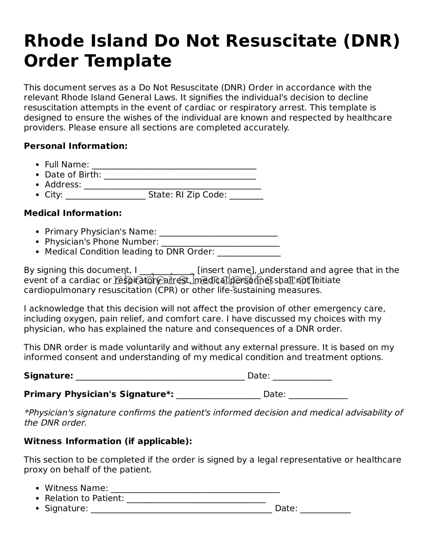 Blank Rhode Island Do Not Resuscitate Order Template
