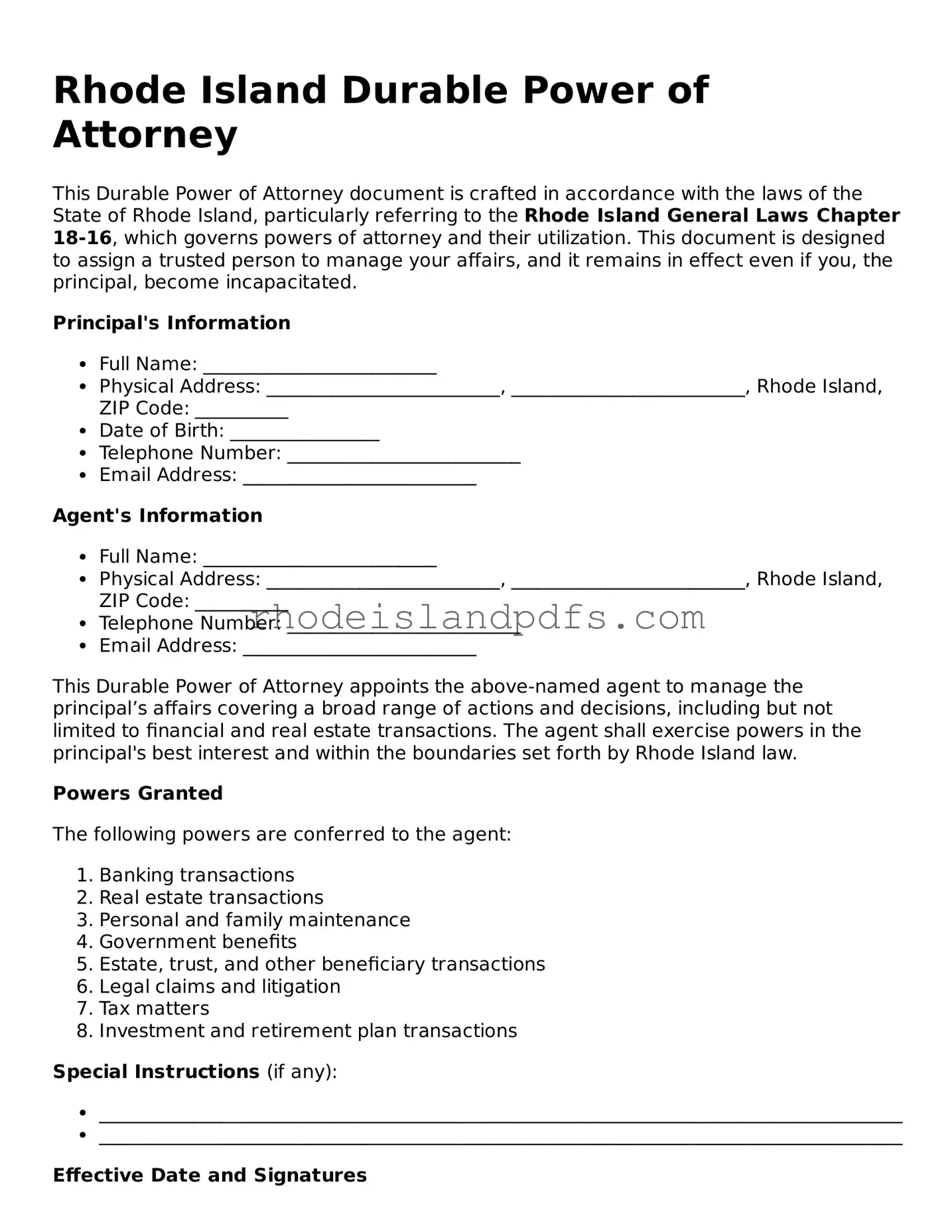 Blank Rhode Island Durable Power of Attorney Template