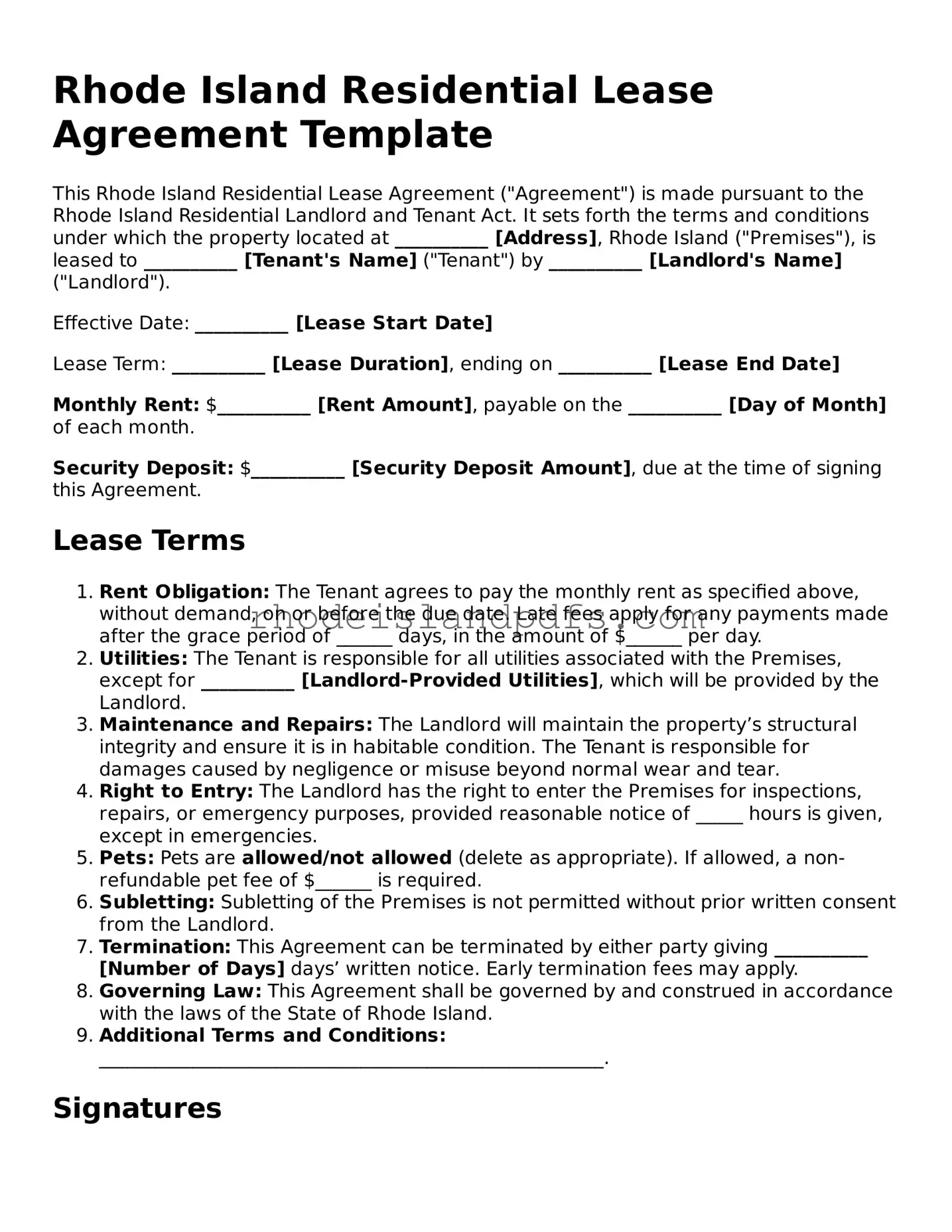 Blank Rhode Island Residential Lease Agreement Template
