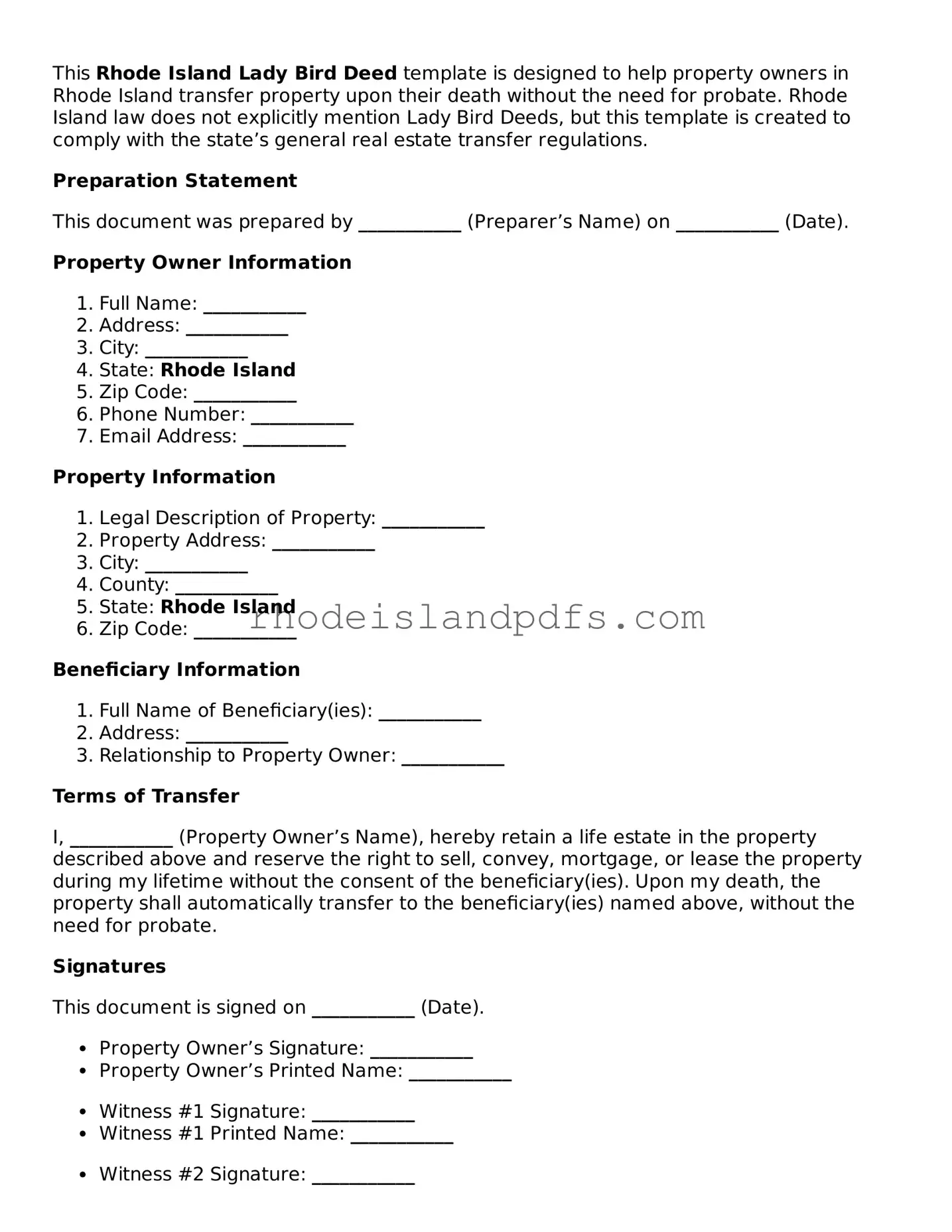 Blank Rhode Island Lady Bird Deed Template