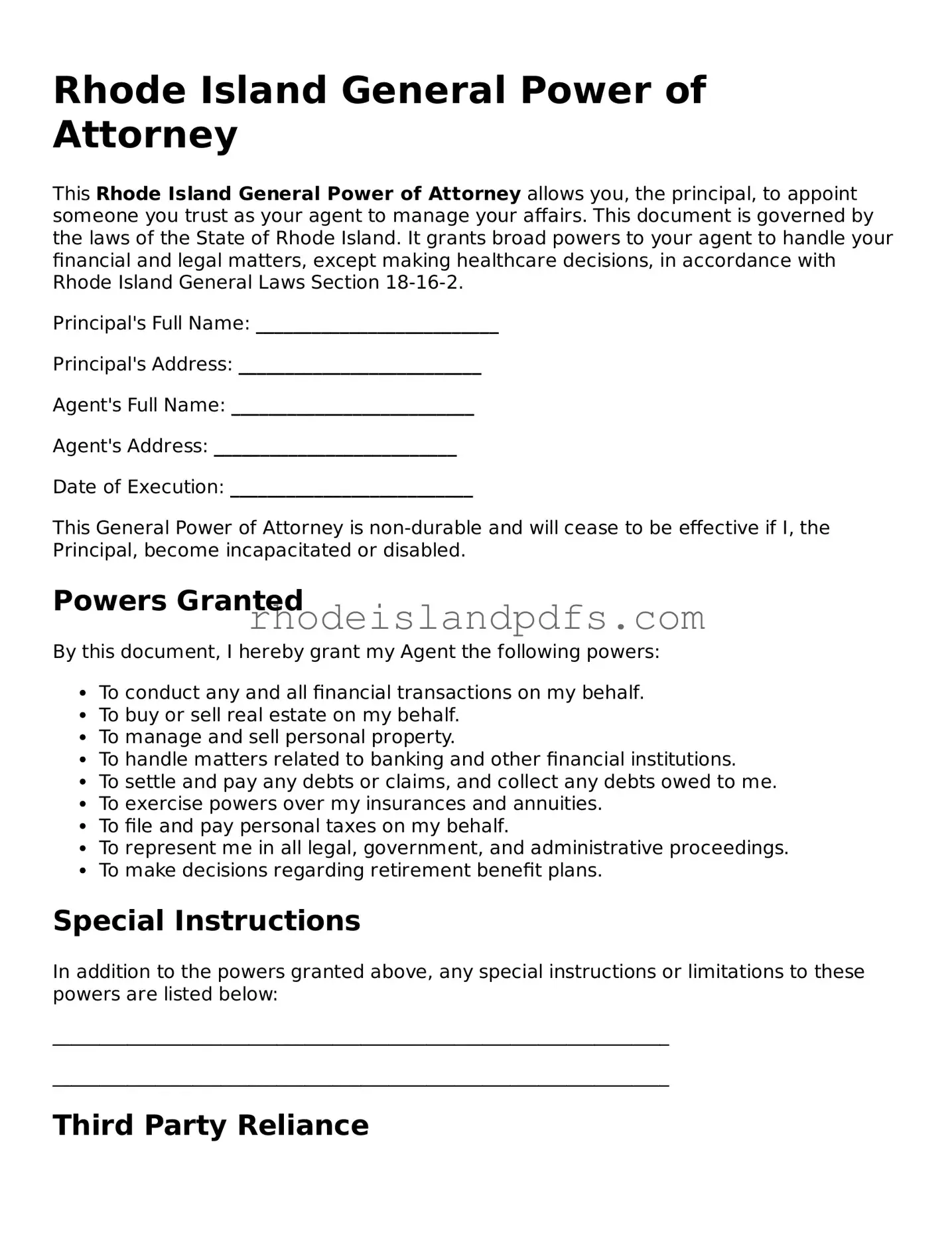 Blank Rhode Island General Power of Attorney Template