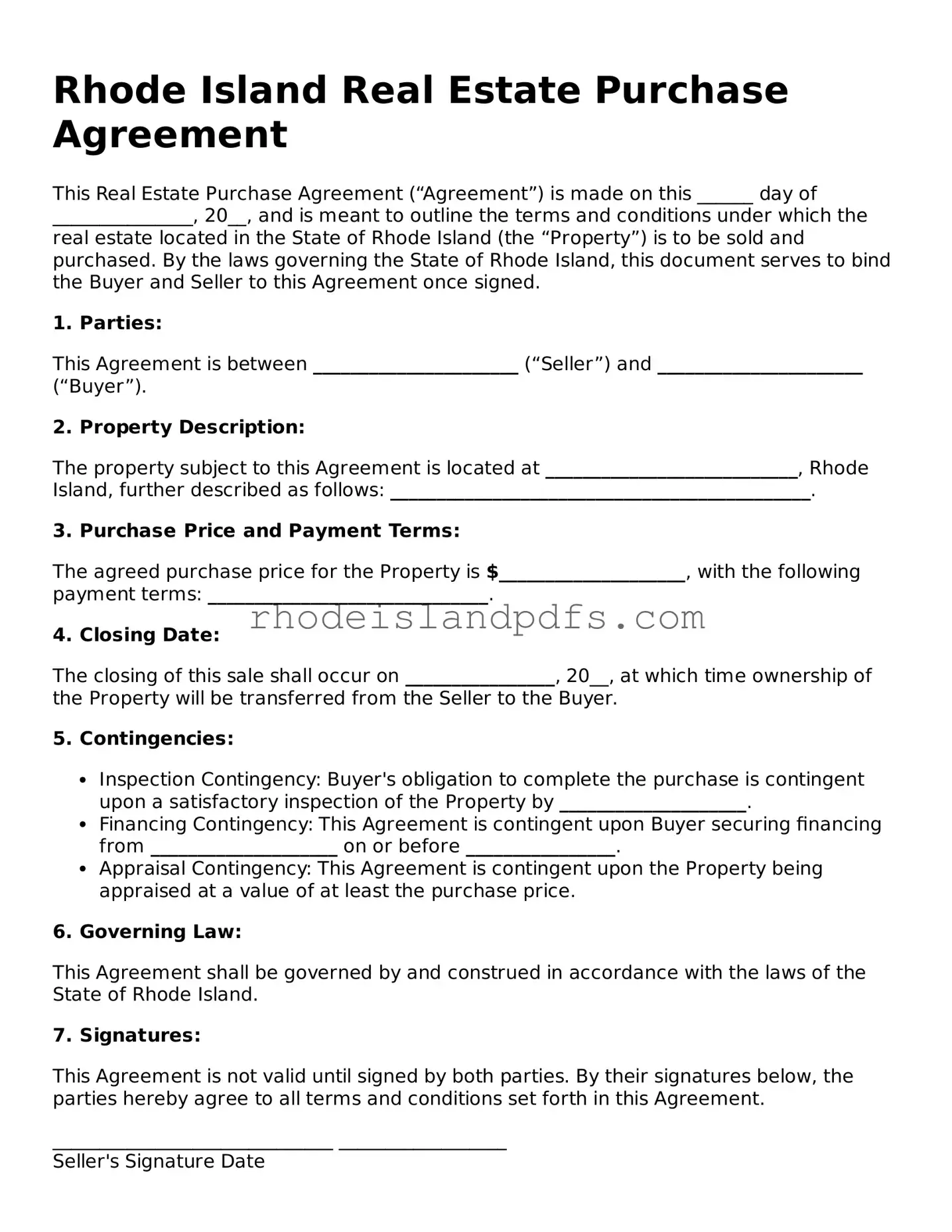 Blank Rhode Island Real Estate Purchase Agreement Template