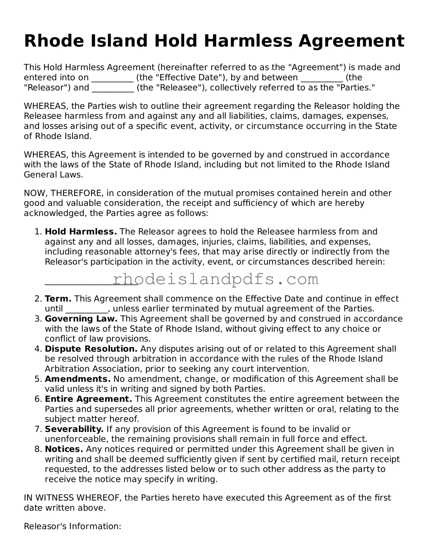 Blank Rhode Island Hold Harmless Agreement Template