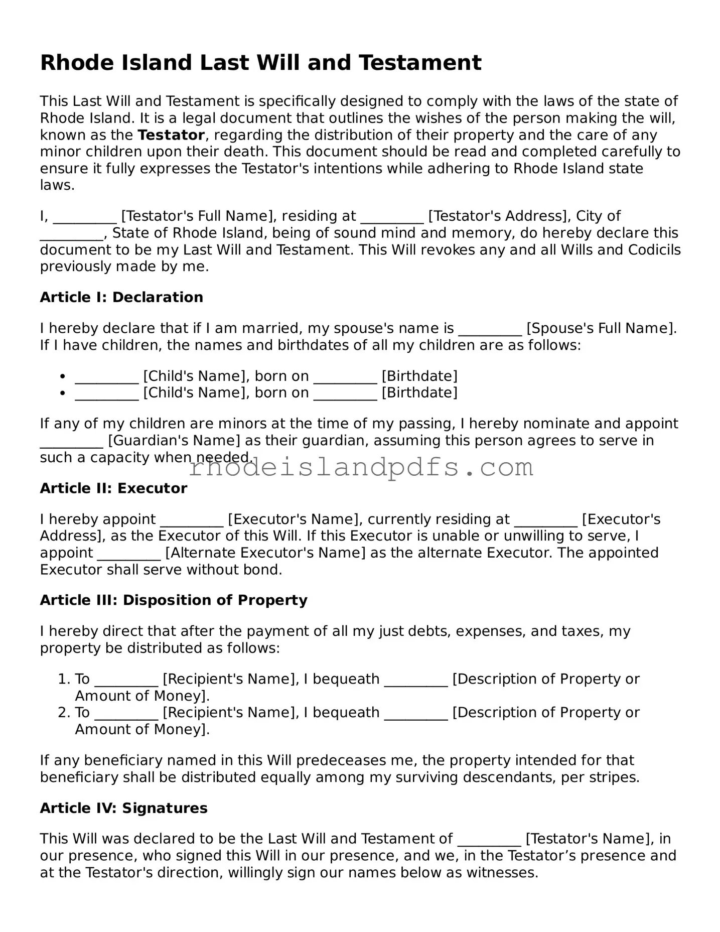 Blank Rhode Island Last Will and Testament Template