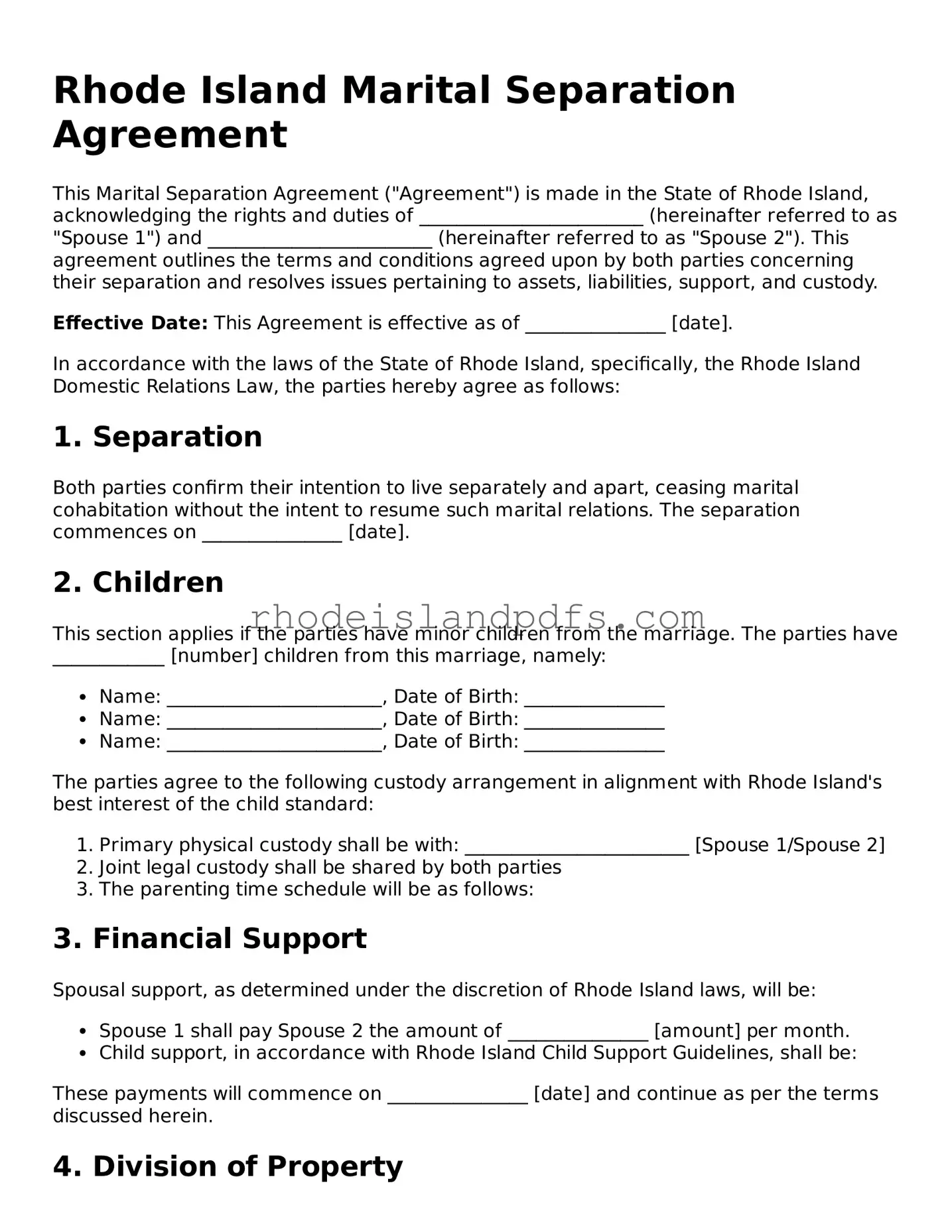 Blank Rhode Island Marital Separation Agreement Template