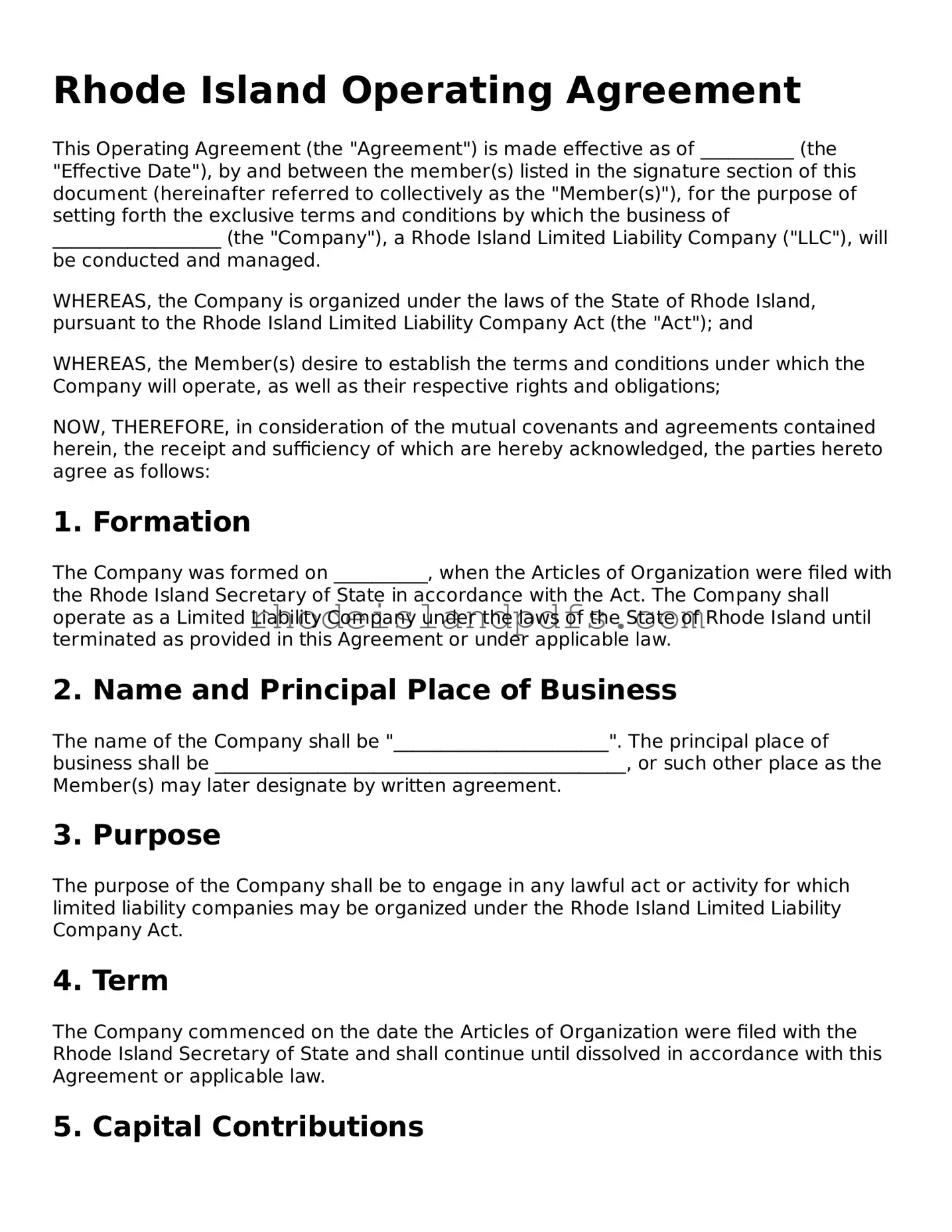 Blank Rhode Island Operating Agreement Template