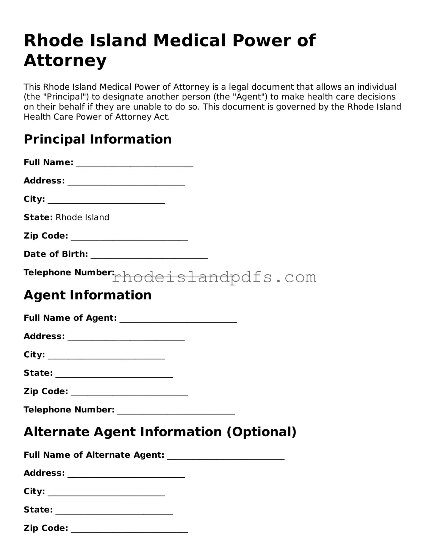 Blank Rhode Island Medical Power of Attorney Template