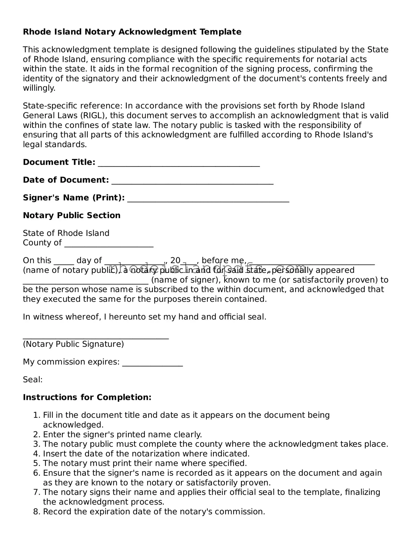 Blank Rhode Island Notary Acknowledgement Template