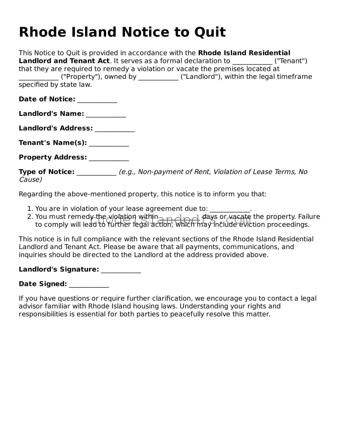 Blank Rhode Island Notice to Quit Template