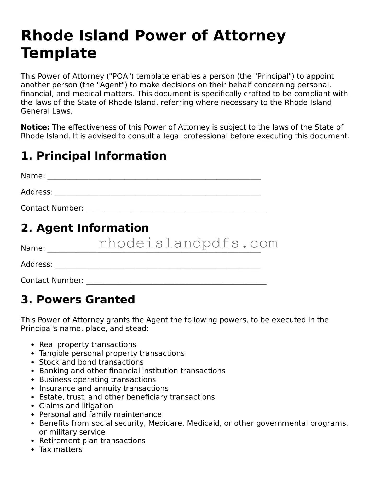 Blank Rhode Island Power of Attorney Template