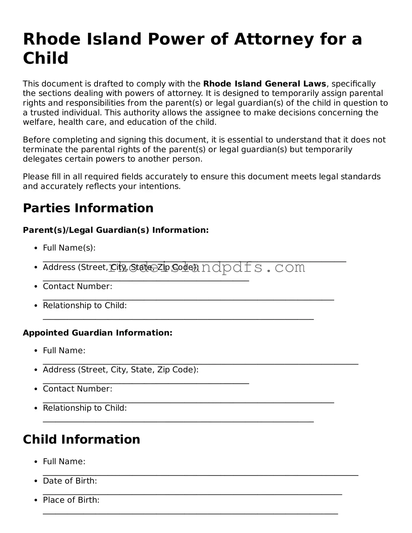 Blank Rhode Island Power of Attorney for a Child Template