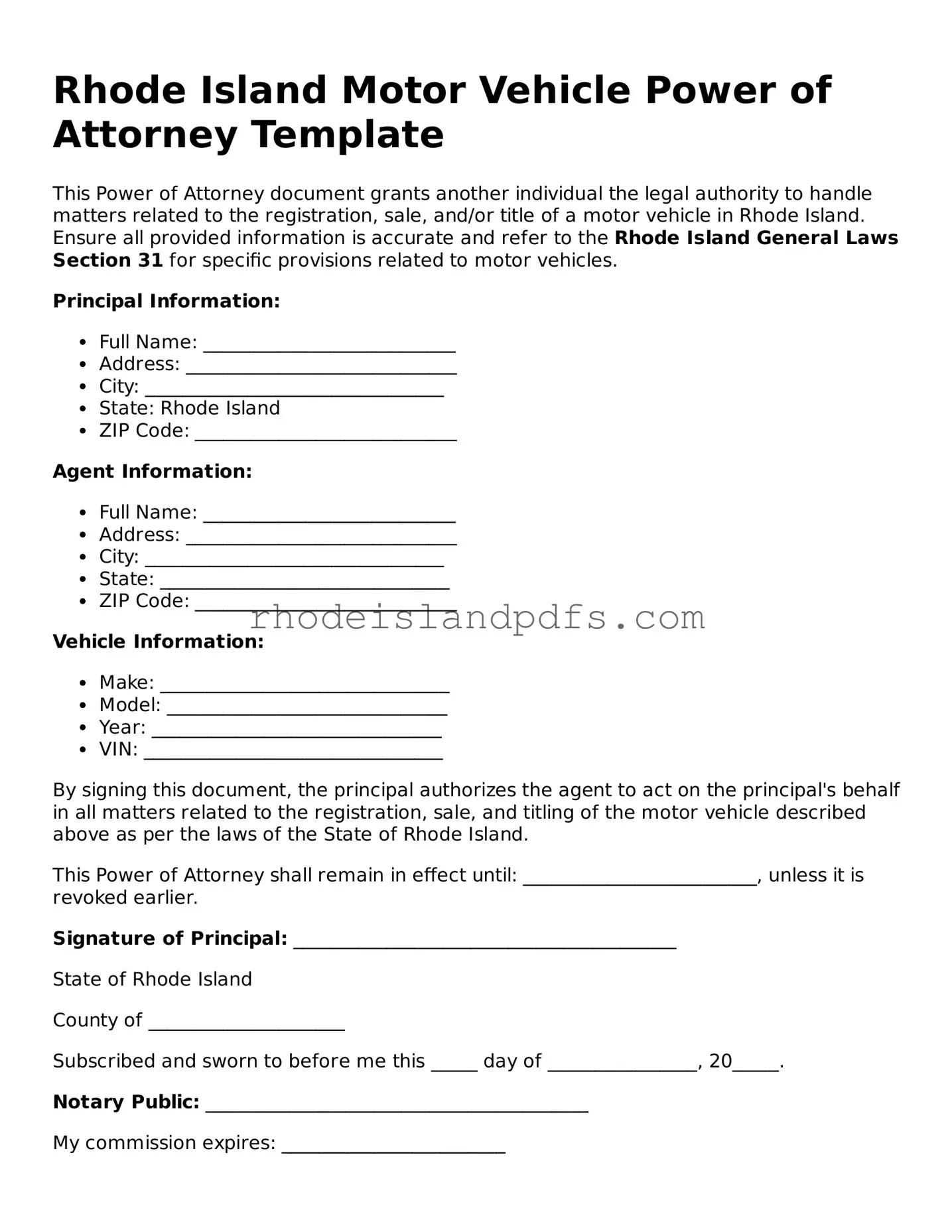 Blank Rhode Island Motor Vehicle Power of Attorney Template