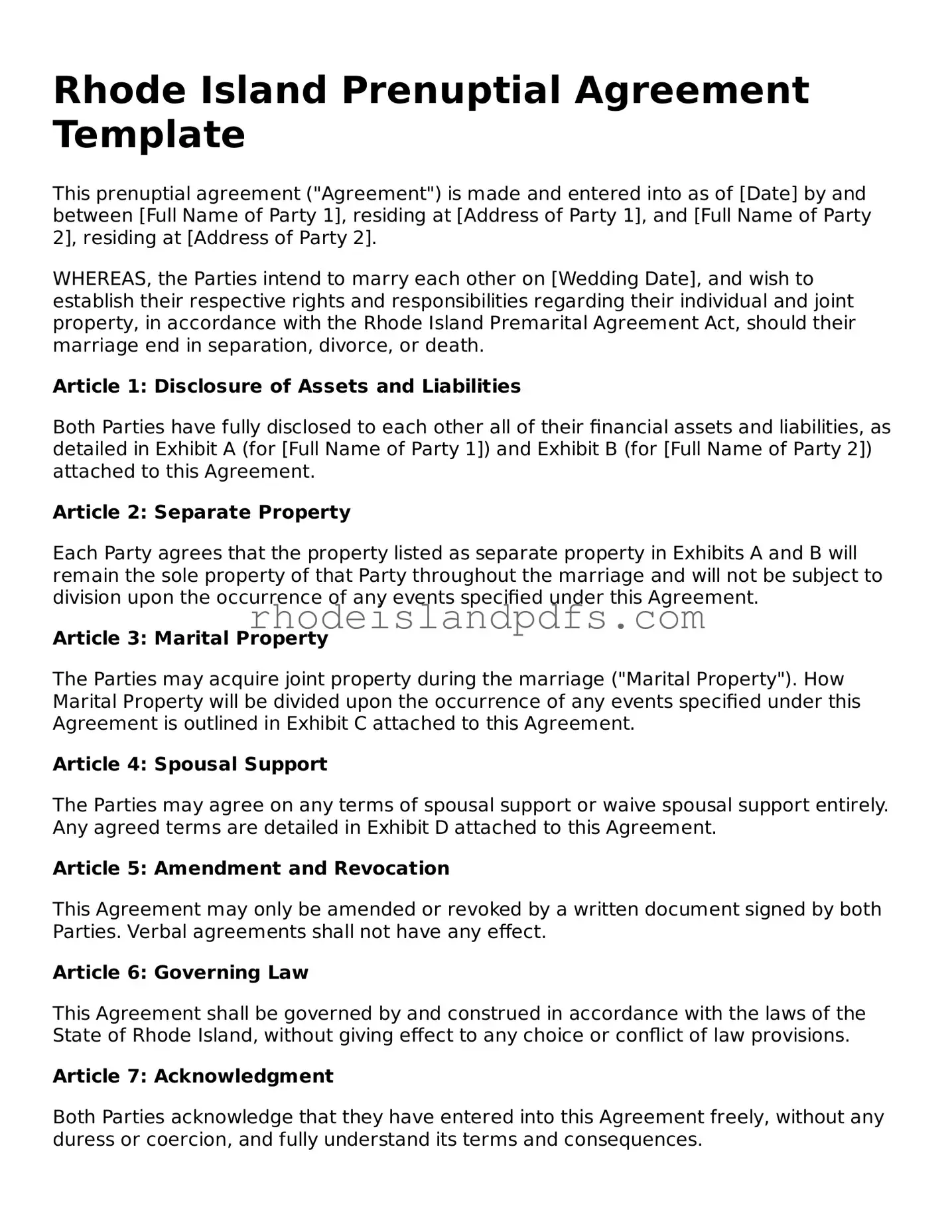 Blank Rhode Island Prenuptial Agreement Template