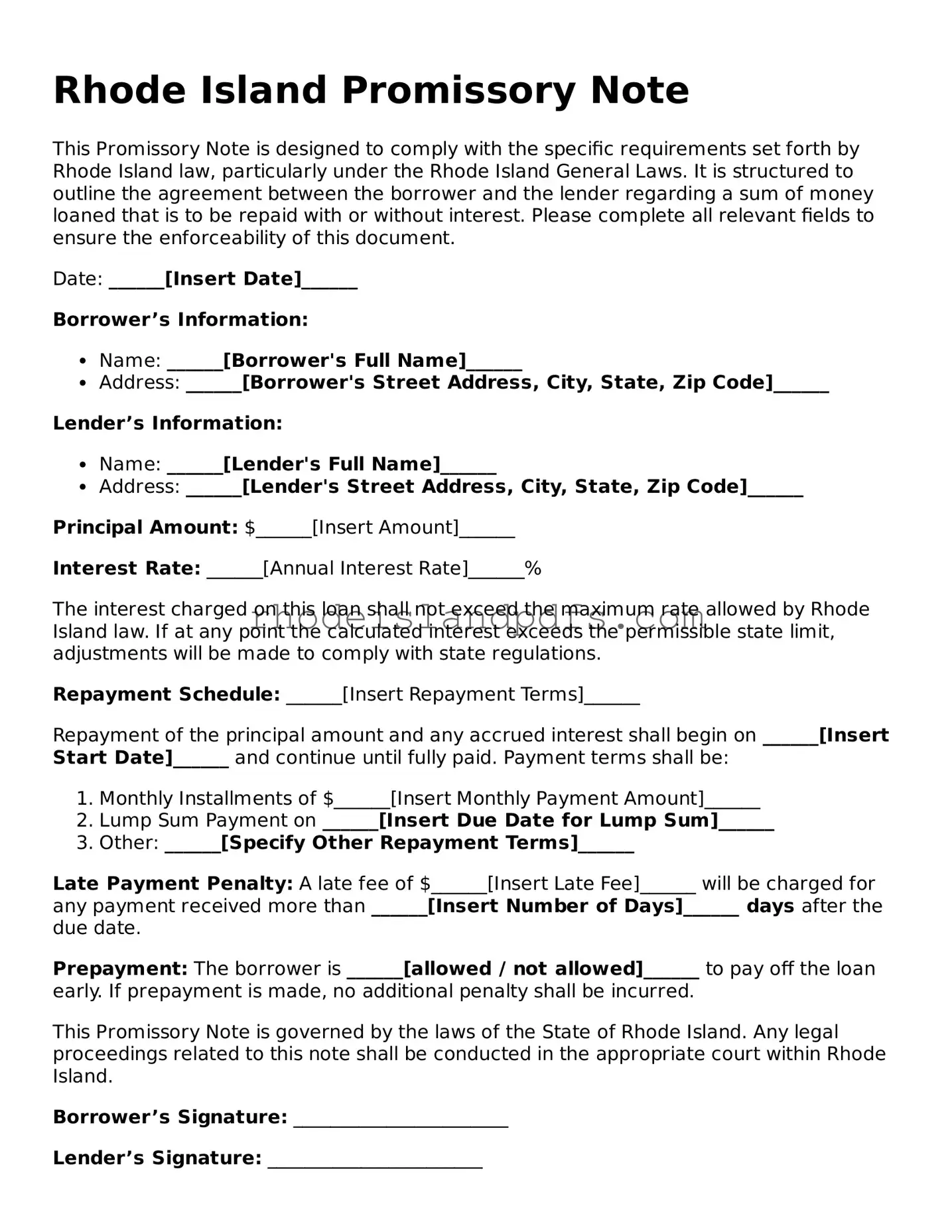 Blank Rhode Island Promissory Note Template