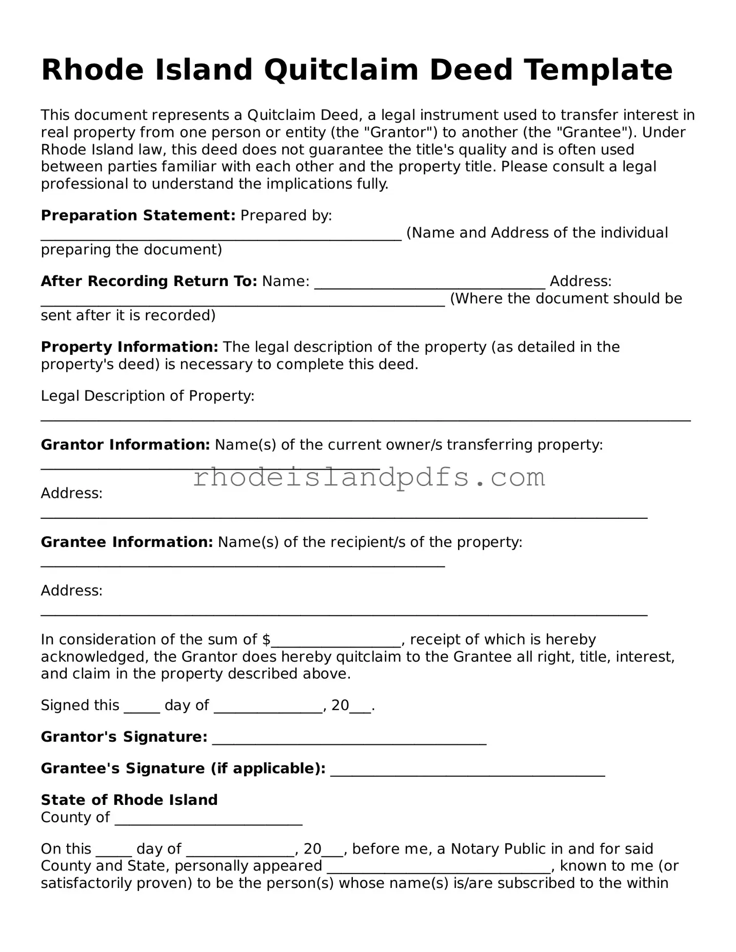 Blank Rhode Island Quitclaim Deed Template
