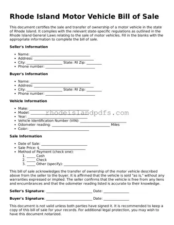 Blank Rhode Island Motor Vehicle Bill of Sale Template