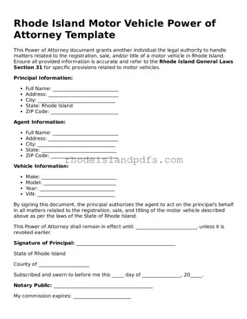 Blank Rhode Island Motor Vehicle Power of Attorney Template